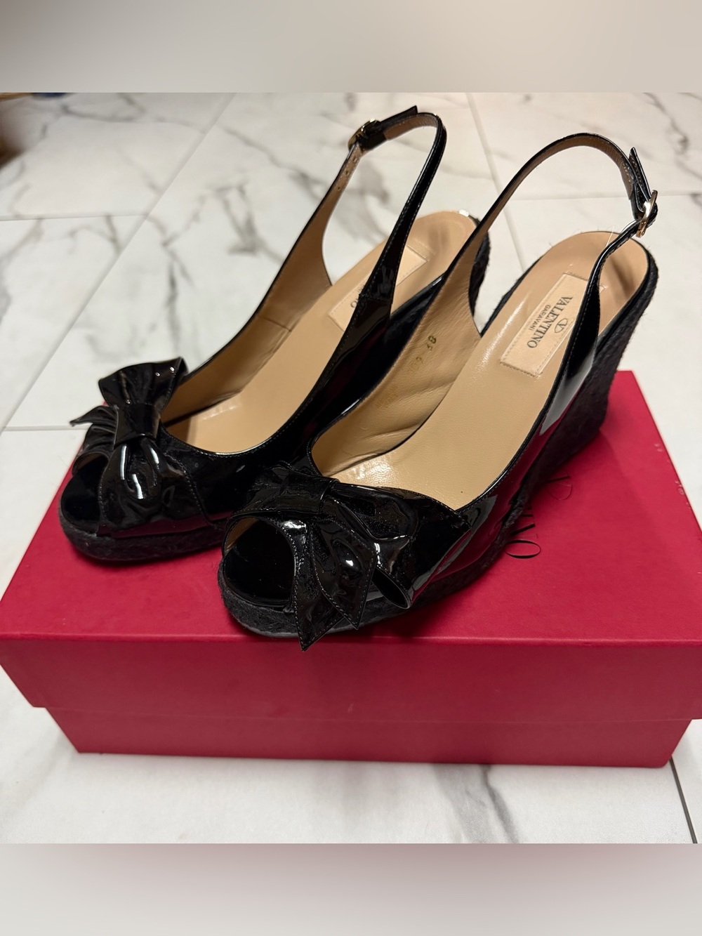 Valentino Black Patent Leather Peep-Toe Bow Slingback Wedges Size 38